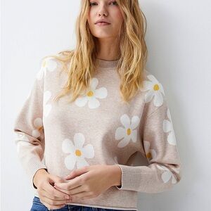Twik Beige Daisy Patterned rolled hem sweater